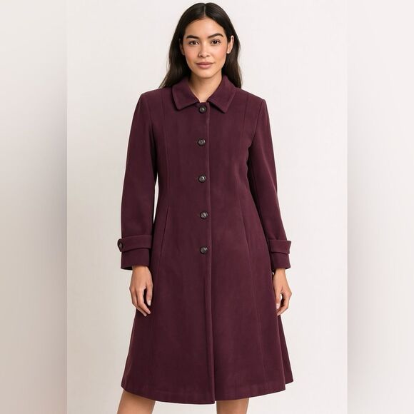 Vintage Cashmere Wool Blend Burgundy Warm Winter Coat Long Peacoat Chesterfield - Picture 1 of 10
